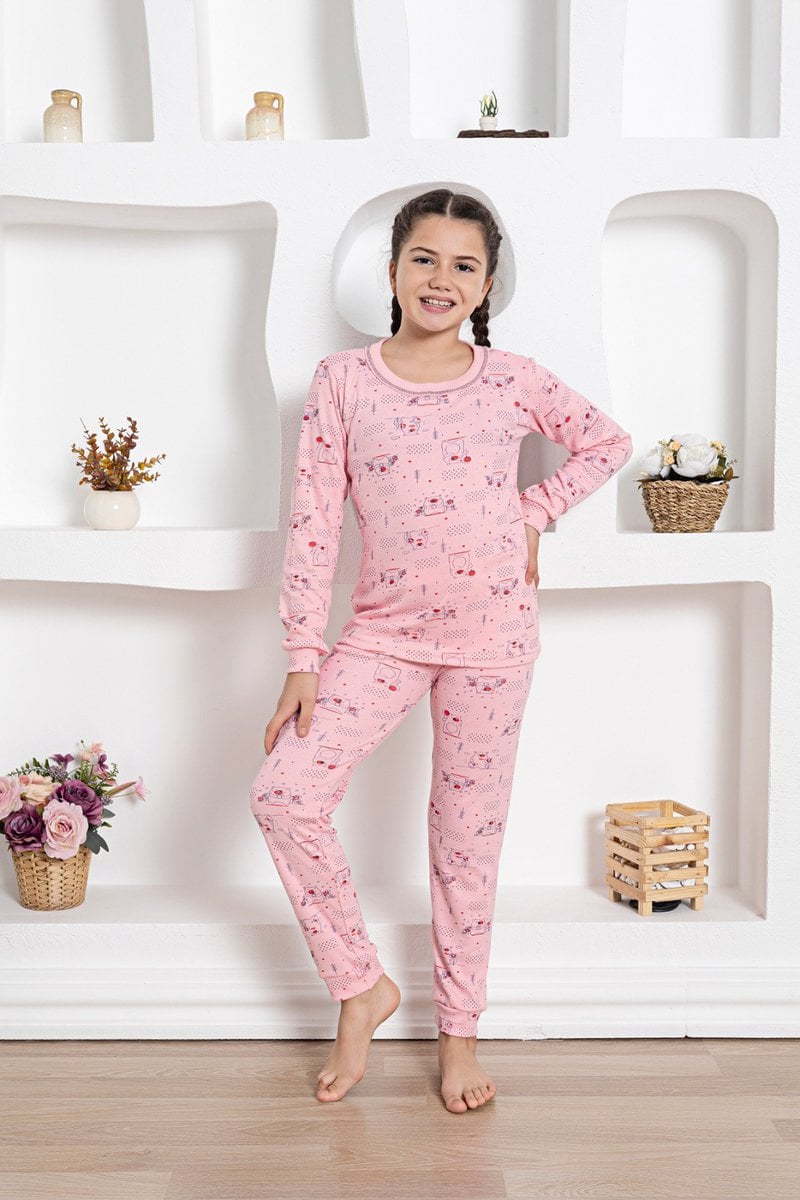Pijama lunga cu imprimeu, Berfin Interlok, Desene, roz