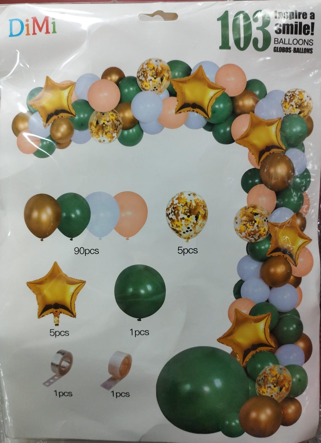 Set 103 Baloane +accesorii ENGORS tip Arcada cu Stele, 5 Tipuri de Dimensiuni Diferite, Verde,Auriu si Albastru