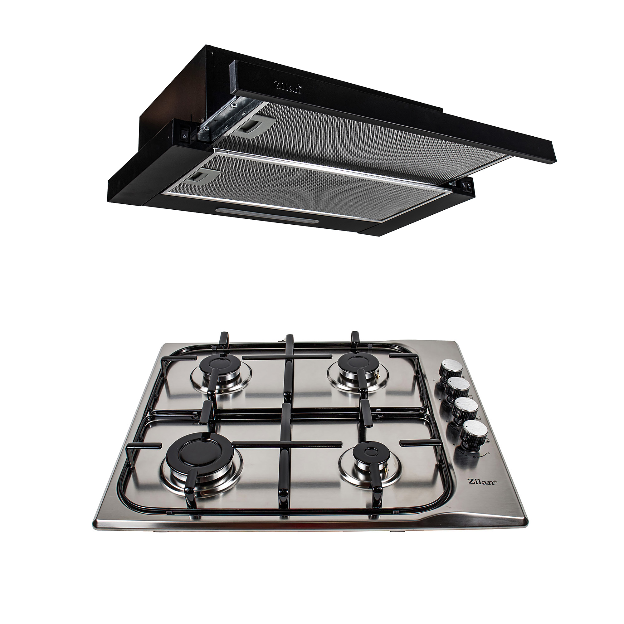 Pachet plita incorporabila inox (0027), 50 X 60 cm, gaz butelie sau gaz natural (duze de schimb incluse), aprindere electrica si hota incorporabila telescopica 2 motoare 2 x 95w (3680) / SET 30016 Engros