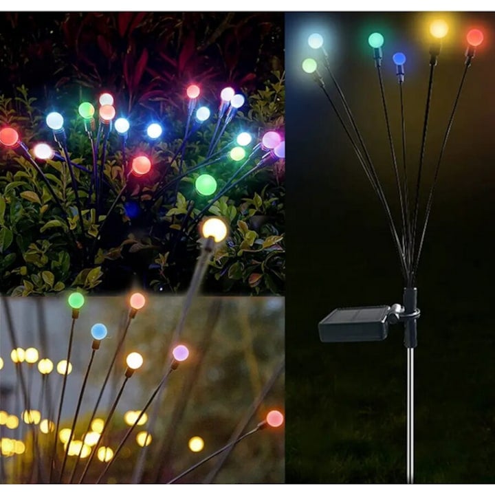 Set 4 Lampi solare LED, 6 bulbi LED, incarcare solara si senzor de amurg, lumina multicolora