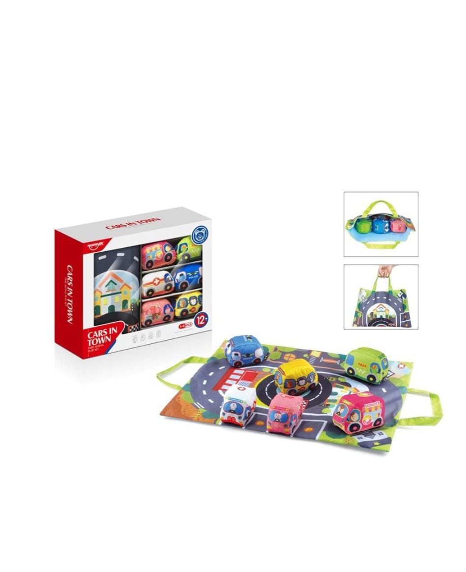 Set Cars in Town cu 6 masinute textile si covoras de joaca interactiv imprimat