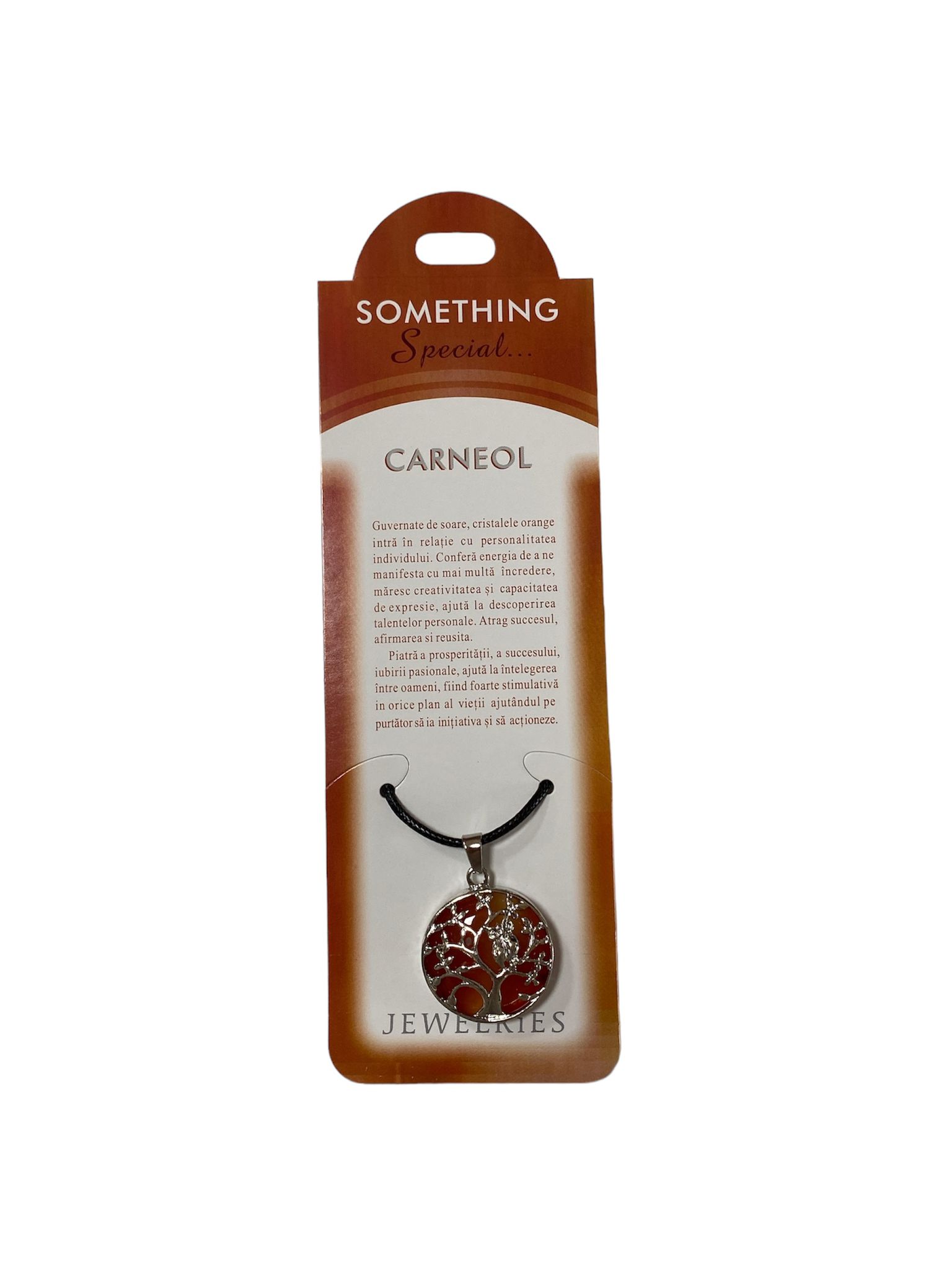 Colier cu pom si bufnita din piatra semipretioasa CARNEOL pe carton, diametru: 2.5 cm
