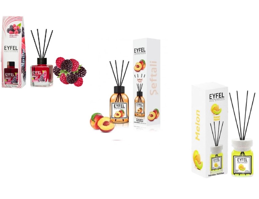 Set Odorizant de camera cu betisoare, EYFEL, Aroma de Fructe de Padure , Pepene Galben ,Piersica, 120 ml