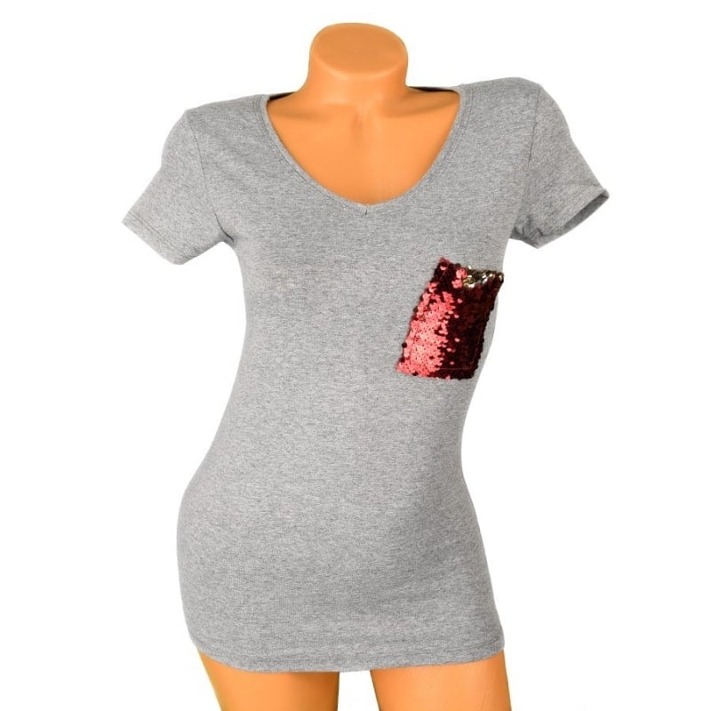 Tricou gri inchis cu buzunar din paiete reversibile - cod 36225
