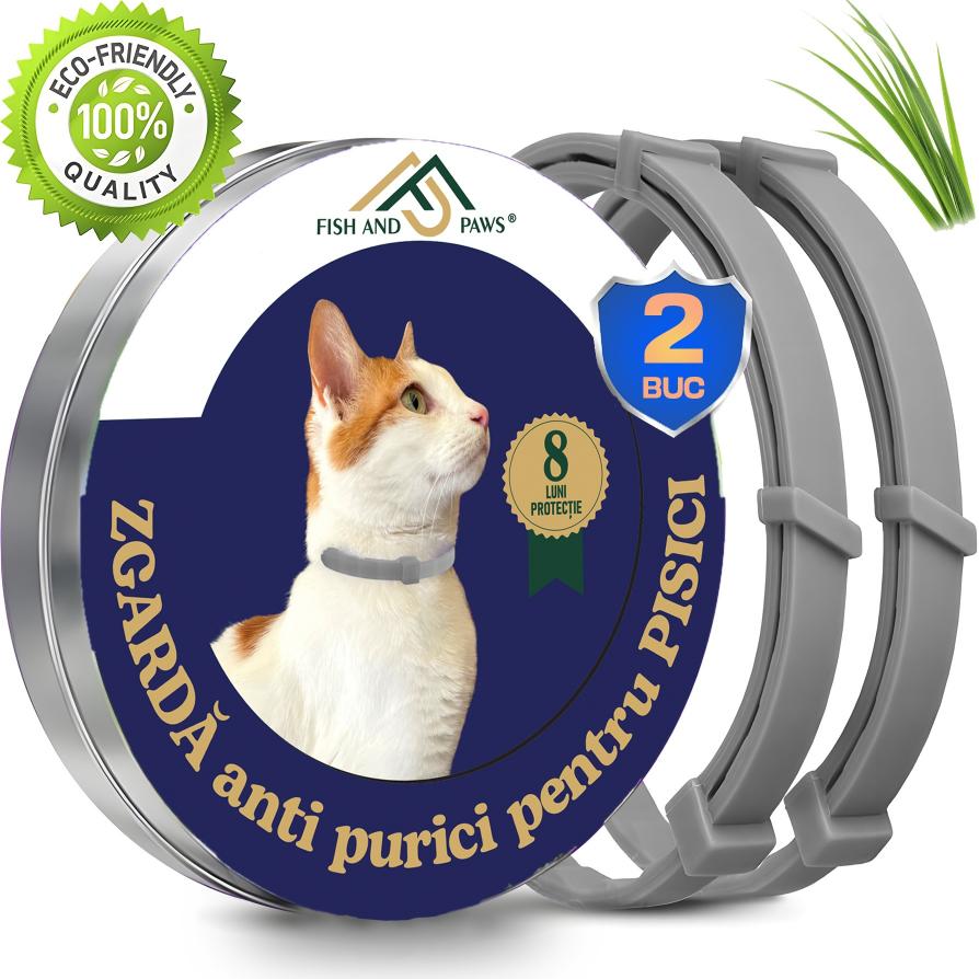 Zgarda anti purici pentru pisici Engros, reglabila si respirabila, compozitie naturala cu esenta de citronella, ofera siguranta si protectie timp de 8 luni, durabila si rezistenta la apa, 2 Bucati, Culoare Gri, Marime Universala, Lungime 38cm, Fish & Paw