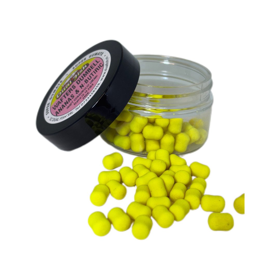 Dumbell Wafters, aroma de ANANAS N-BUTIRIC, dimensiune de 6 mm, 25g, Dual Fish Engros