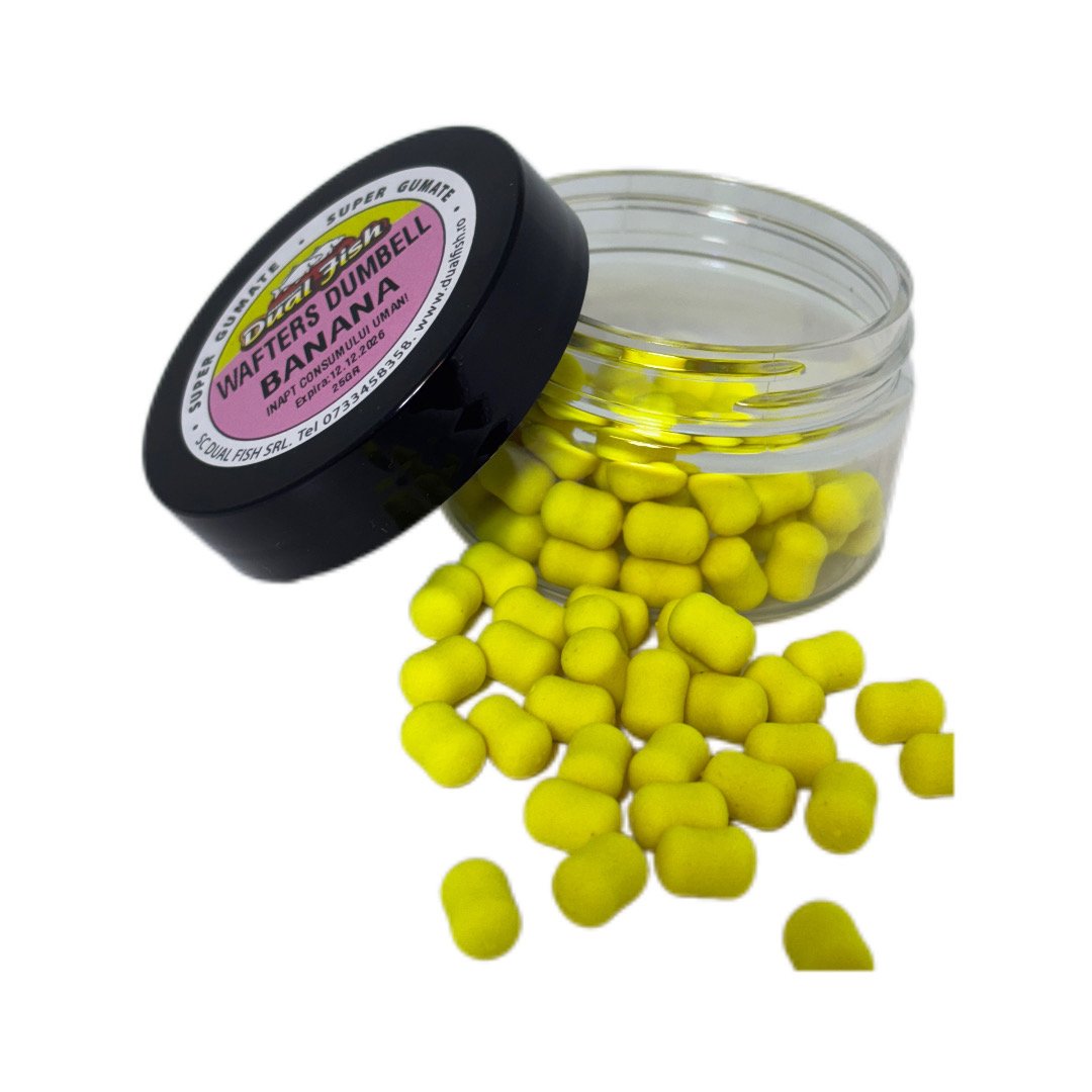 Dumbell Wafters, aroma de BANANA, dimensiune de 8 mm, 25 gr, Dual Fish Engros