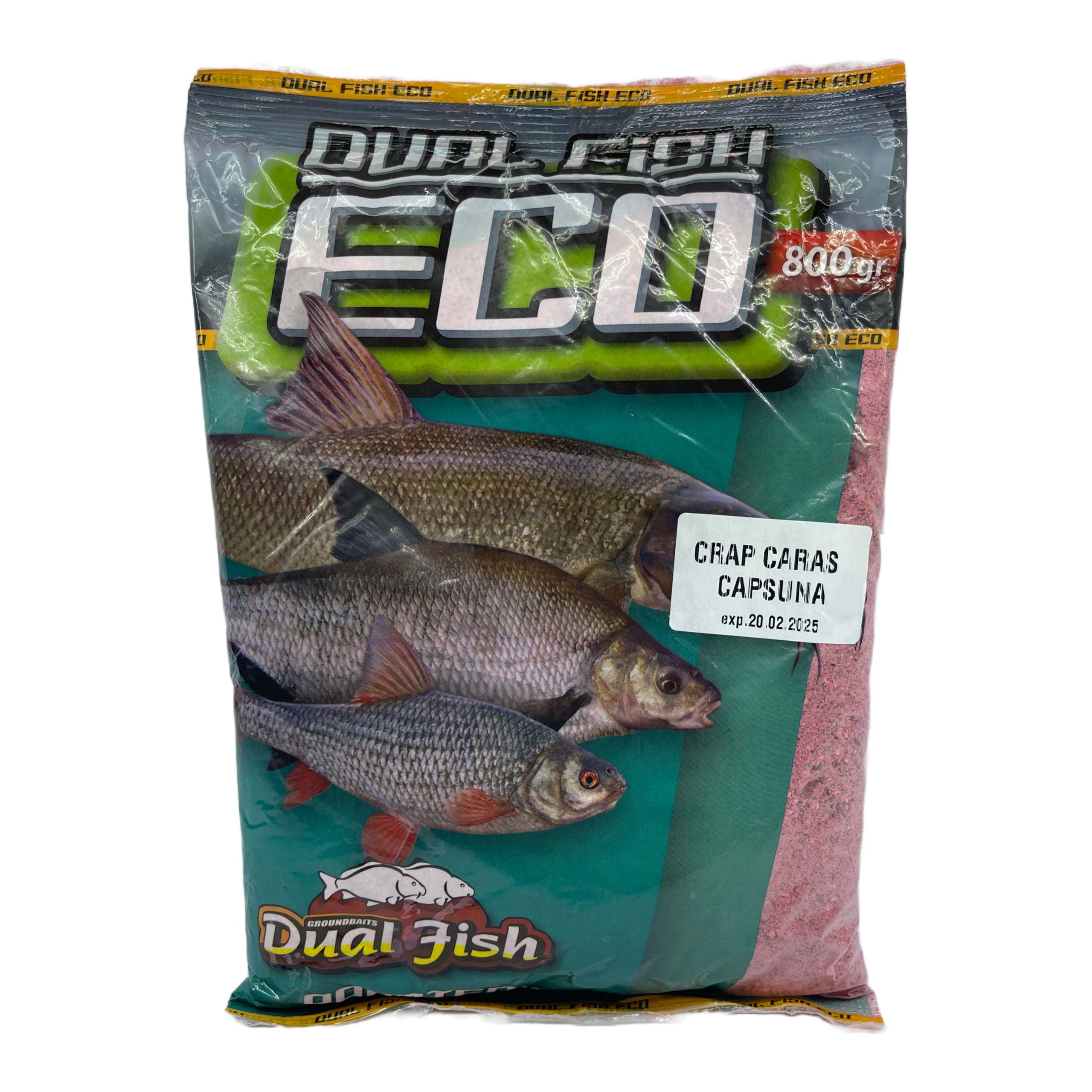 Nada ECO sub forma de cereale sfaramate pentru pescuit, aditivata, aroma de CRAP CARAS CAPSUNI, 800 grame, Dual Fish Engros