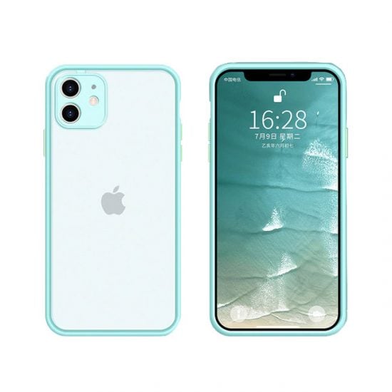 Husa cu Margini Colorate, Compatibila cu iPhone 12 Mini, Butoane Colorate, Semi-Transparenta, Turcoaz Engros
