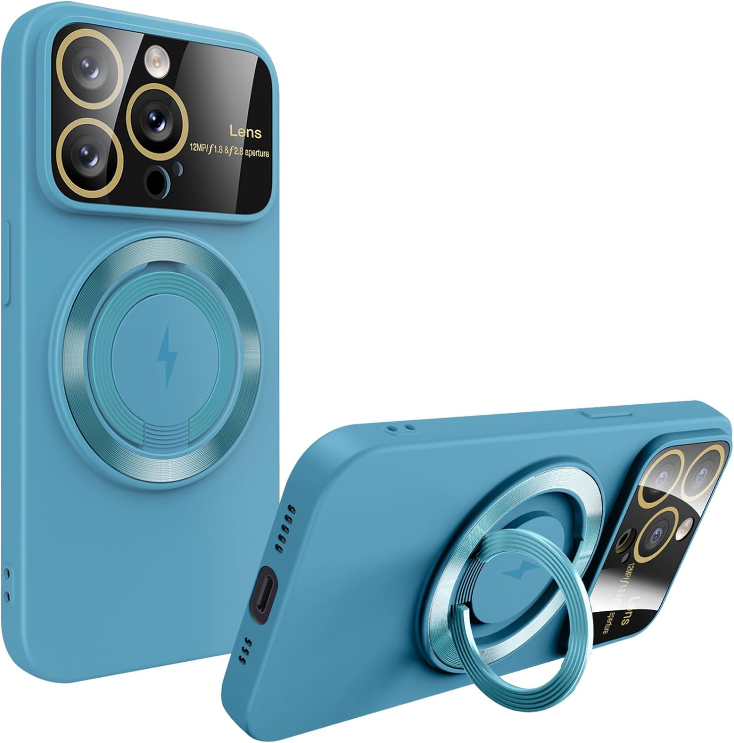 Husa Protectie camera, Inel suport Magsafe pentru iPhone 15 Pro Max, Secure ring, Silicon, Albastru deschis Engros