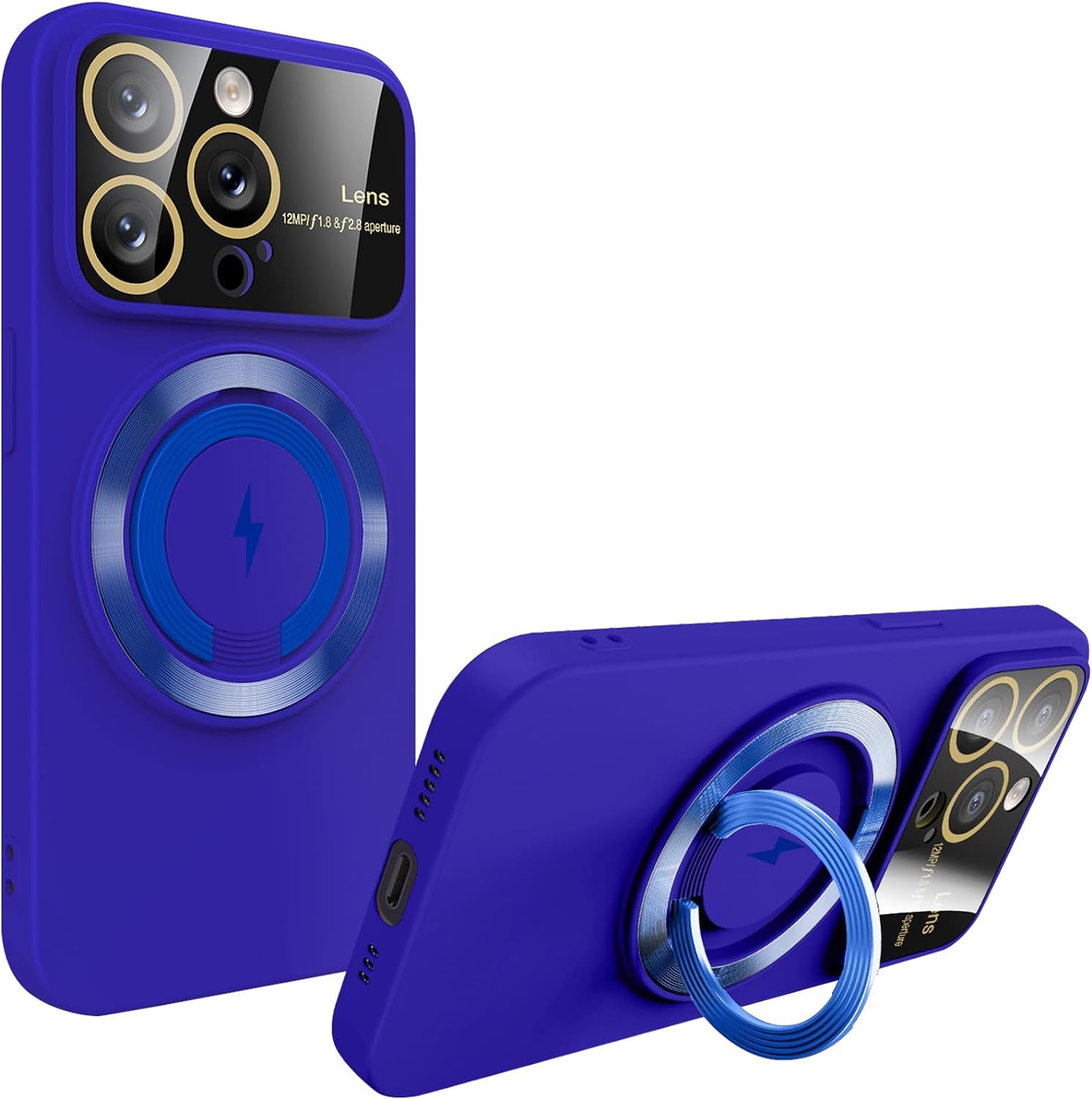 Husa Protectie camera, Inel suport Magsafe pentru iPhone 15 Pro, Secure ring, Silicon, Albastru inchis Engros