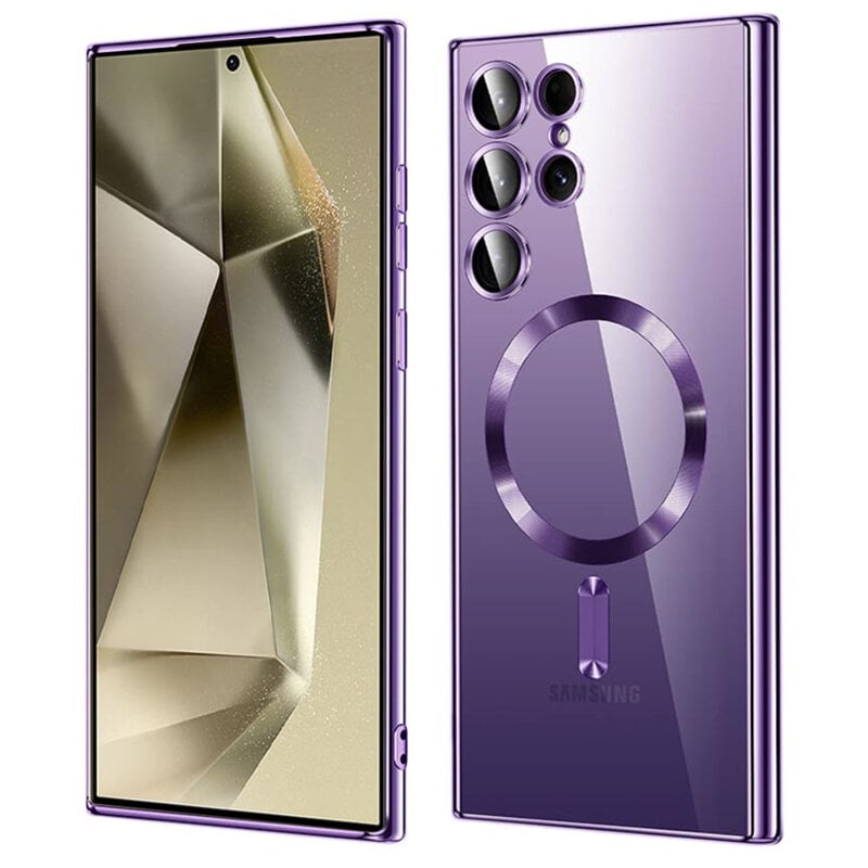 Husa Protectie Luxury Soft pentru Samsung Galaxy S25 Ultra, Magsafe, Margini colorate din silicon, Transparent/Mov Engros