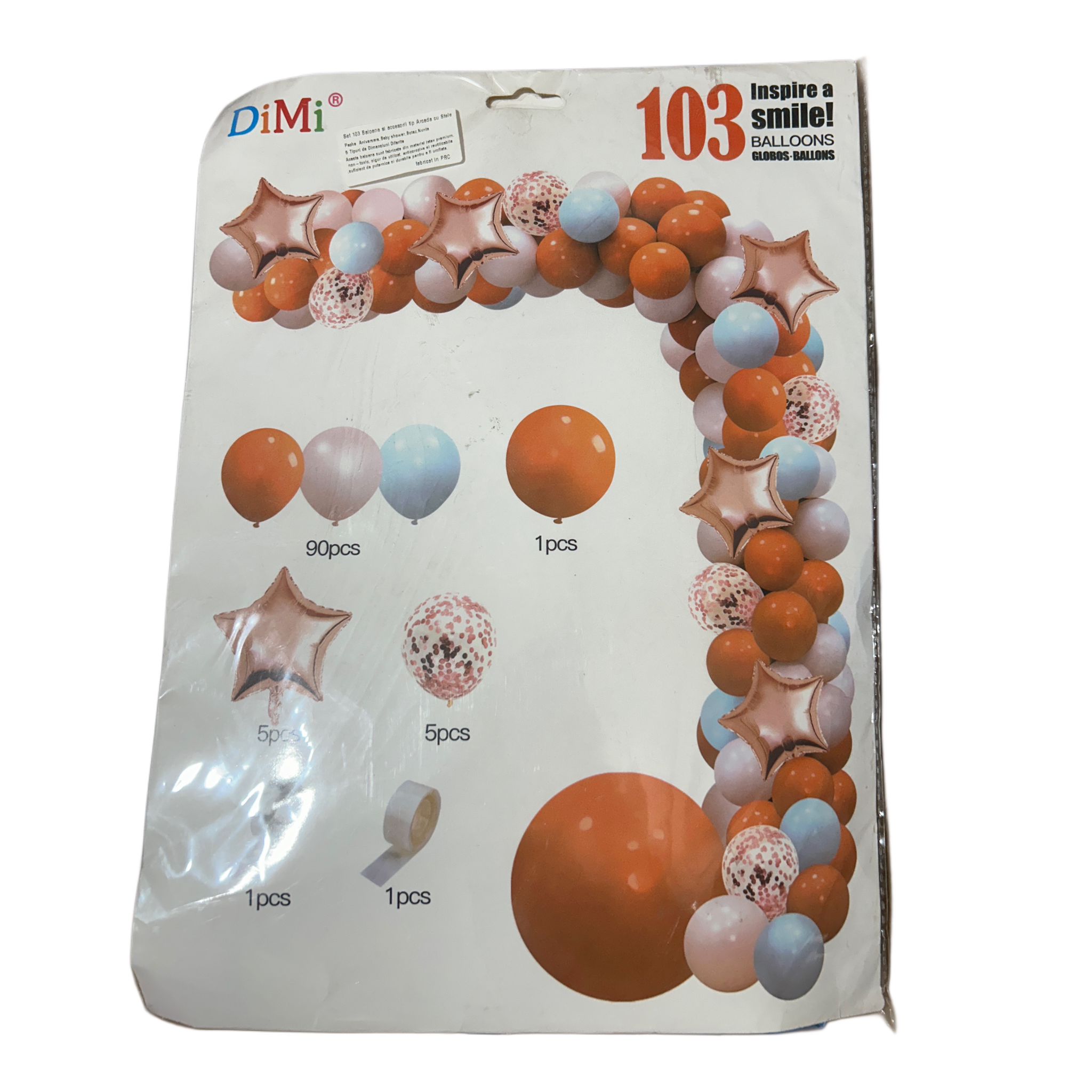 Set 103 Baloane + accesorii tip arcada cu stele, 5 Tipuri de dimensiuni diferite, roz, albastru si rosu