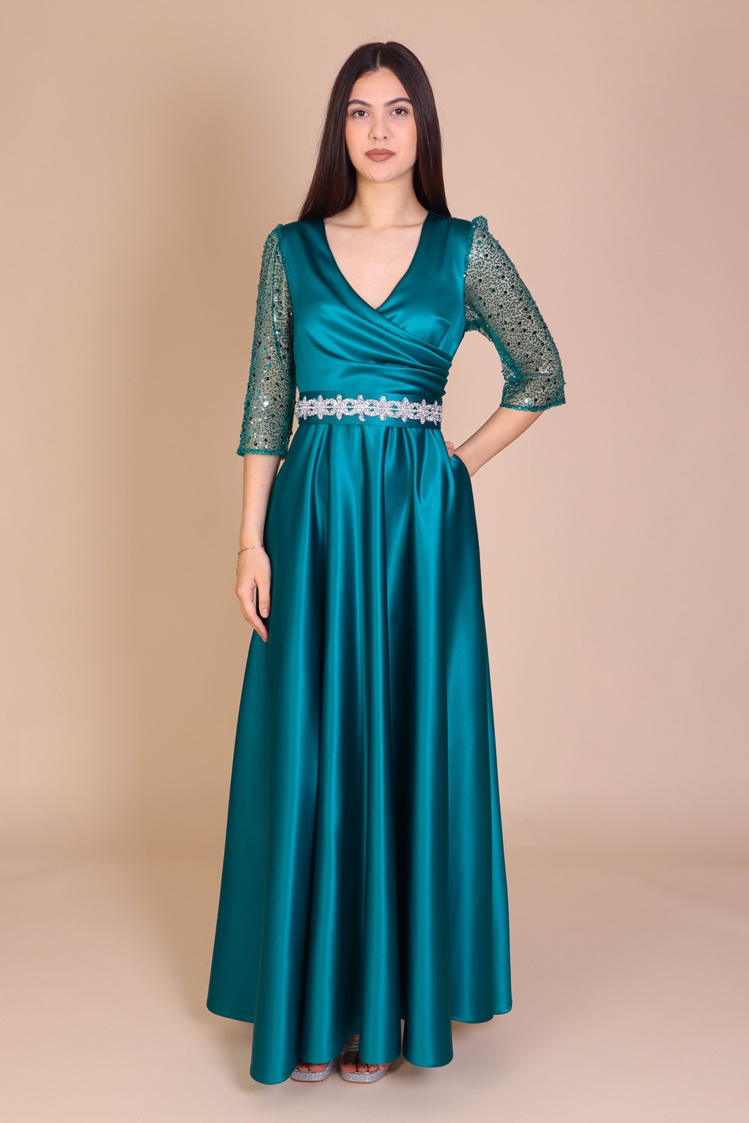 Rochie ADRIA Lunga, Verde, din Tafta si Paiete, Engros