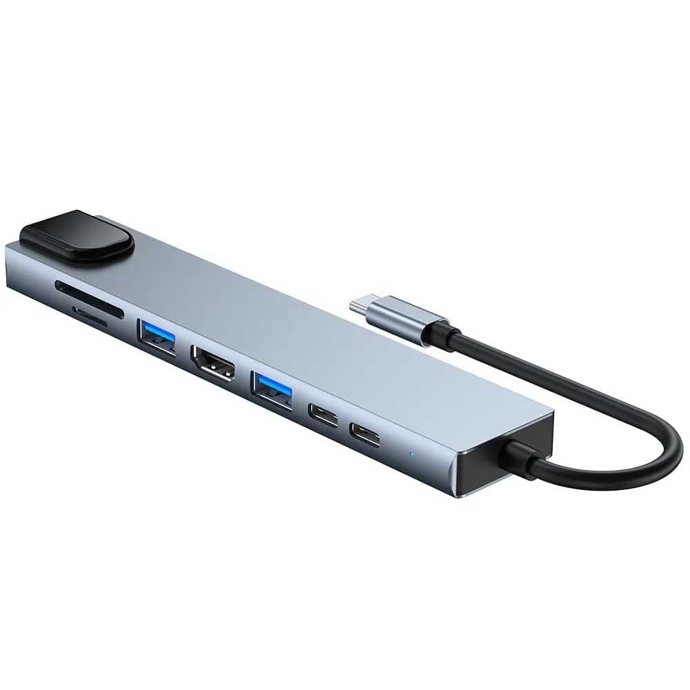 Hub Adaptor Multiport 8 in 1, ElectroAZ, USB-C la HDMI 4K / LAN RJ45 Ethernet / Type C Port / USB 3.0 / Power Delivery Port 87W / TF si SD Card Reader Engros