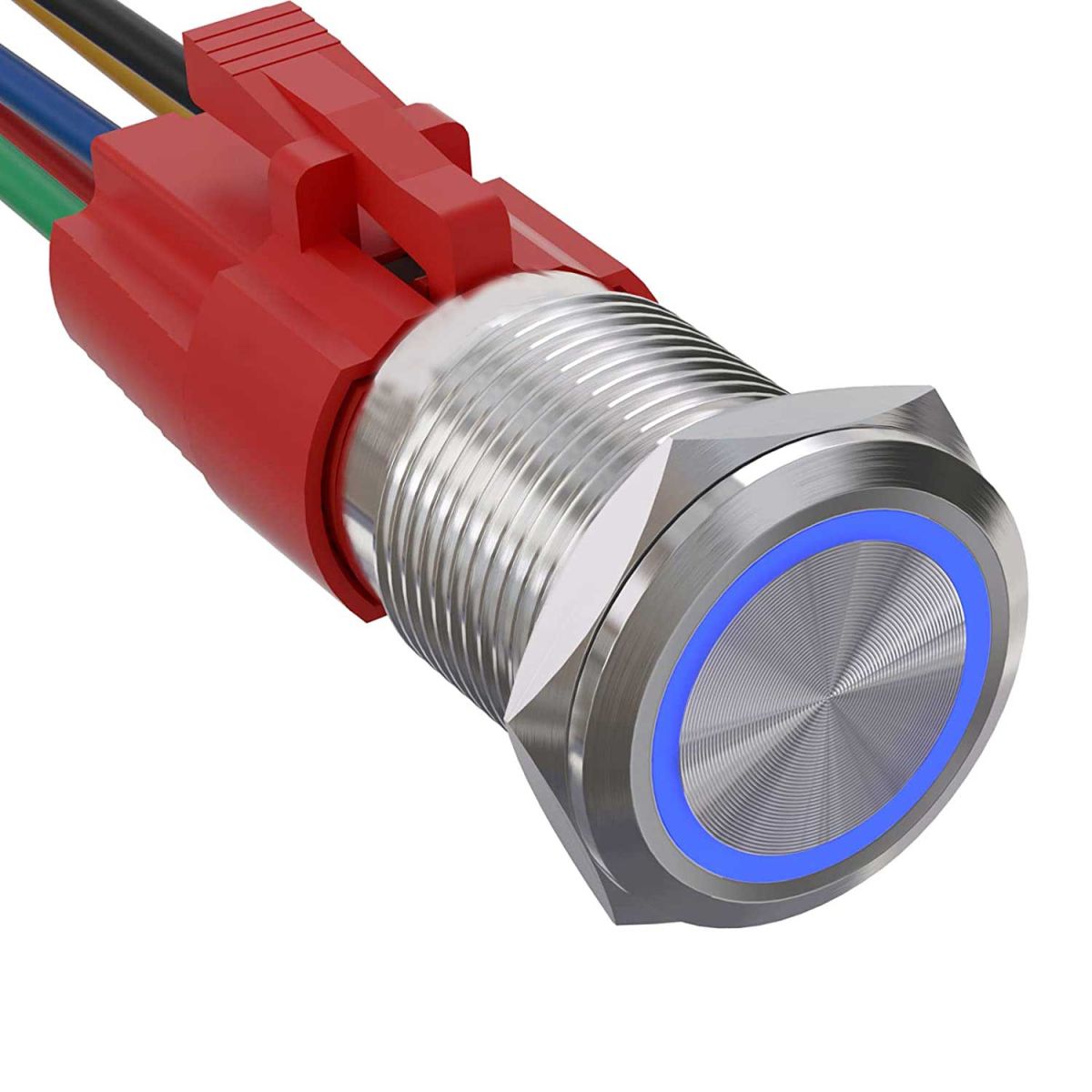 Buton Metalic Push 19mm cu REVENIRE, 220V-10A, Led Albastru, Mufa inclusa, ElectroAZ Engros