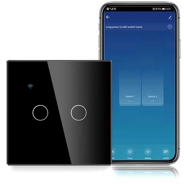 Intrerupator smart dublu touch Negru, WiFi, Sticla securizata, Classlights, 10A, Control vocal, Smart Life / Tuya, LED Engros