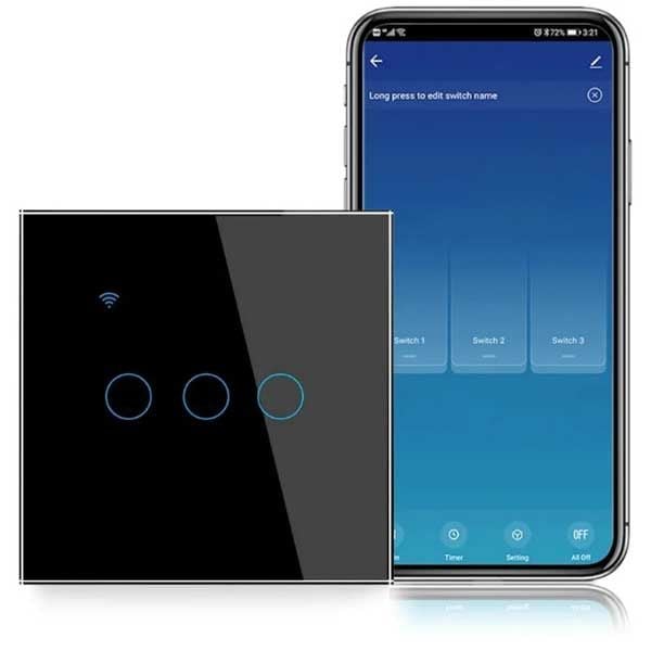 Intrerupator smart triplu touch, Negru, WiFi, Sticla securizata, Classlights, 10A, Control vocal, Smart Life / Tuya, LED Engros