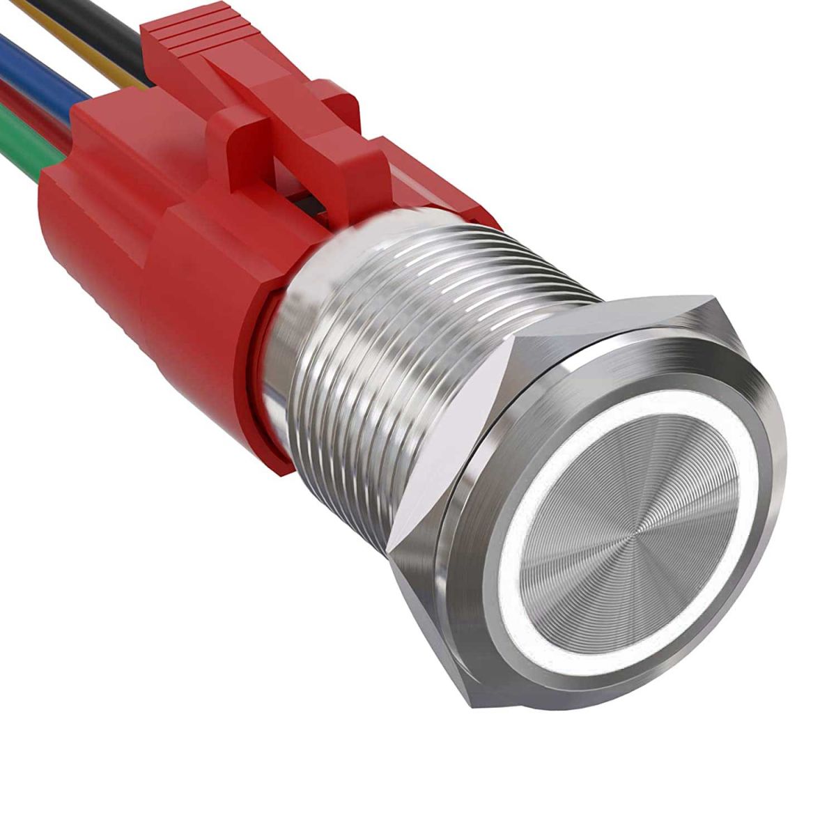 Buton Metalic Push 19mm cu Retinere, 220V - 10A, Led Alb, Mufa inclusa, ElectroAZ Engros