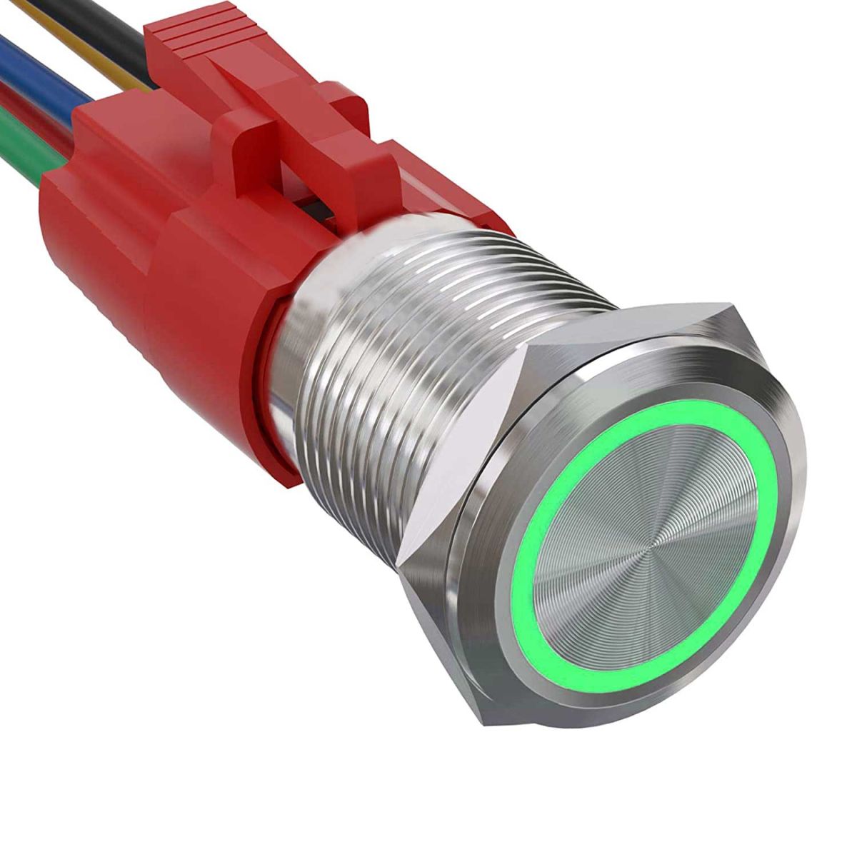 Buton Metalic Push 19mm cu Retinere, 220V - 10A, Led Verde, Mufa inclusa, ElectroAZ Engros