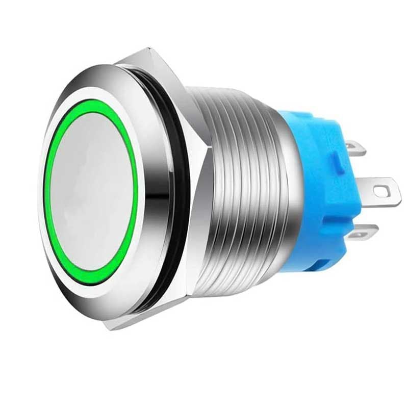 Buton Push Metalic, 220V, 22mm, cu Retinere, Led Verde, Mufa inclusa, ElectroAZ Engros
