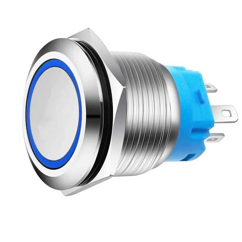 Buton Push Metalic, 220V, 22mm, cu Retinere, Led Albastru, Mufa inclusa, ElectroAZ Engros
