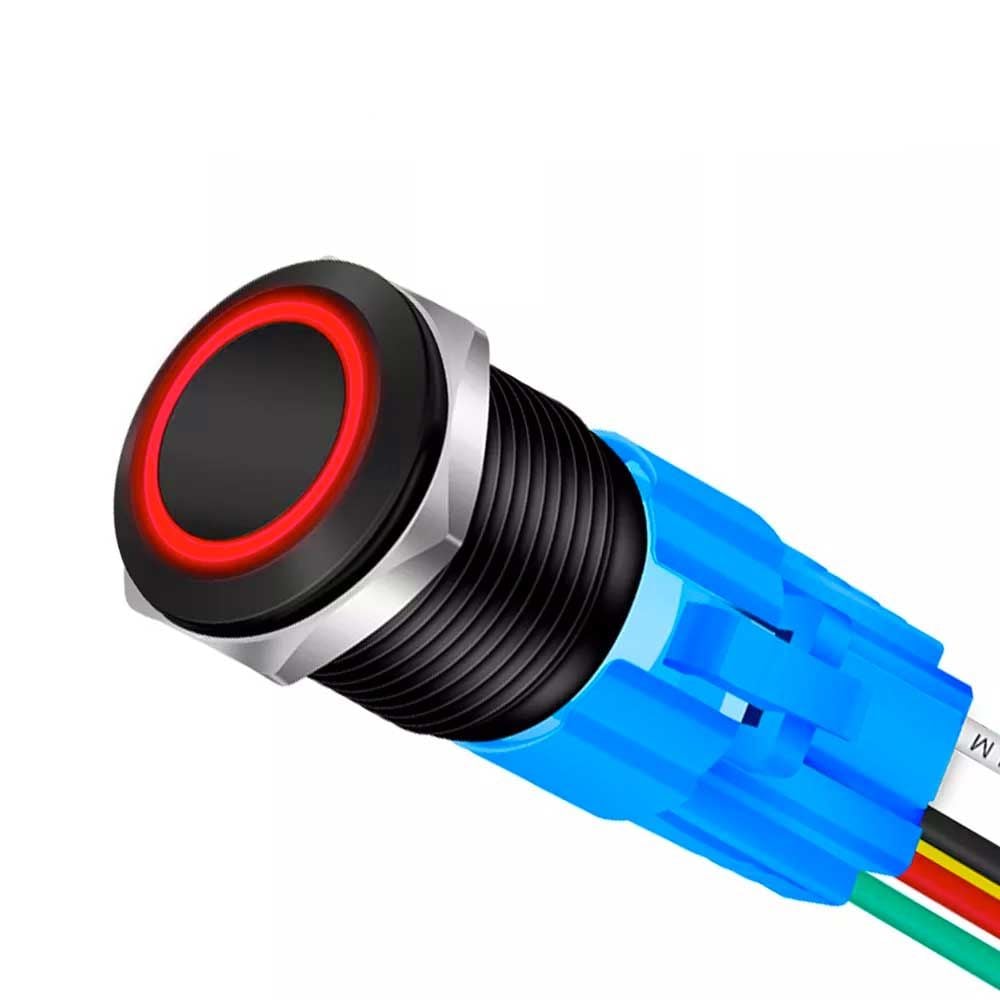 Buton Push Negru 19mm cu Revenire si Led Rosu, Mufa inclusa, ElectroAZ Engros