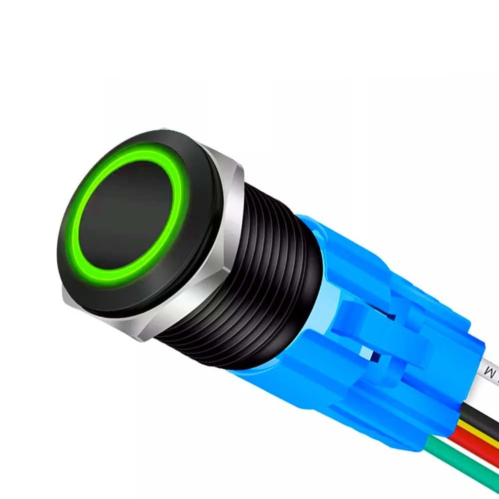 Buton Push Negru 19mm cu Revenire si Led Verde, Mufa inclusa, ElectroAZ Engros