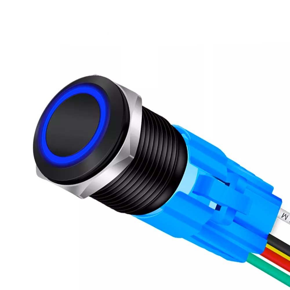 Buton Push Negru 19mm cu Revenire si Led Albastru, Mufa inclusa, ElectroAZ Engros
