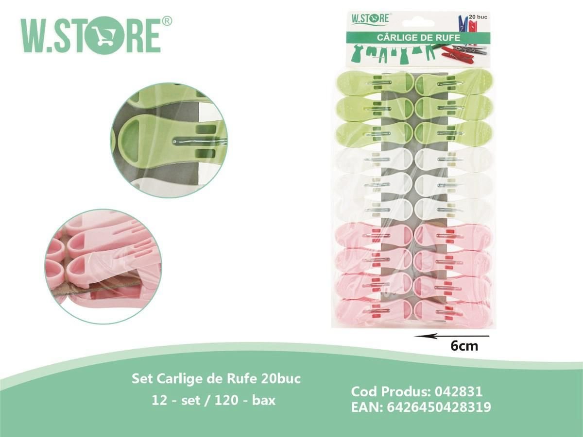 Set 20 carlige de rufe din plastic, 6 cm – Accesorii rezistente pentru uscarea rufelor, in culori diverse, En-gros