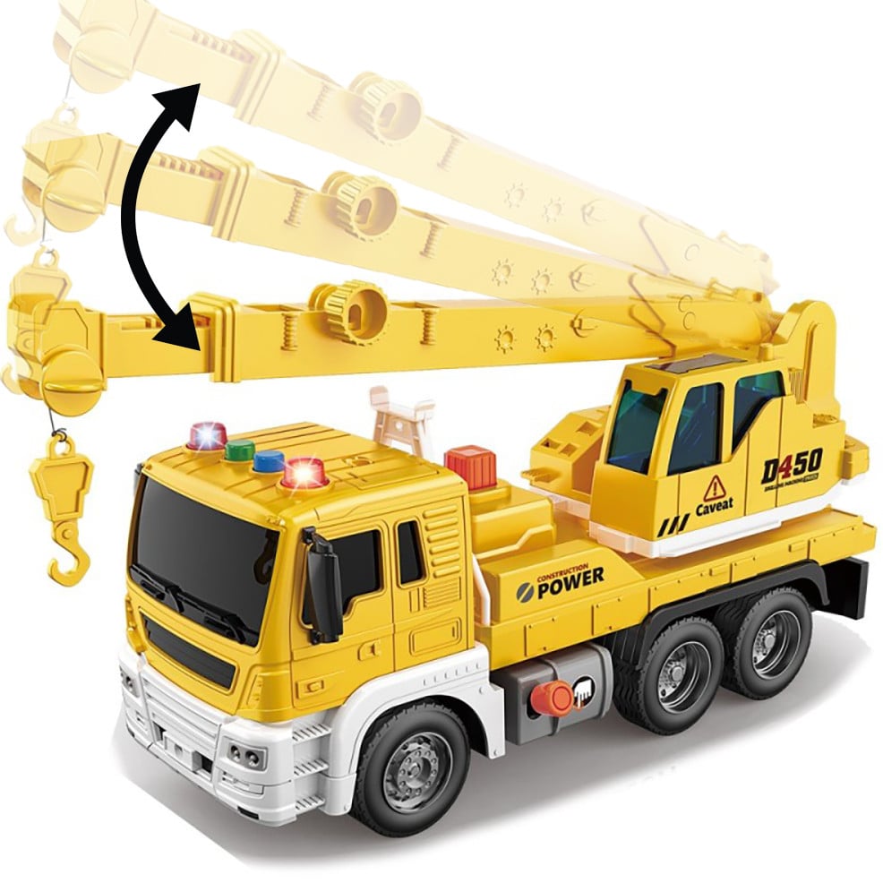 Masina cu Macara Interactiva Pitikot®, galbena, cu buton pentru ridicare/coborare, carlig flexibil, LED si sunete realiste, mecanism cu frictiune, educativa si sigura.