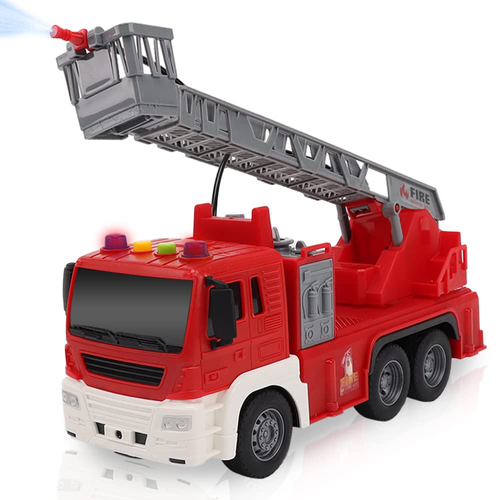 Masina de Pompieri Interactiva Pitikot® - Furtun de Apa Real – Scara Rotativa si Extensibila pana la 39CM – Mecanism cu Frictiune – Camion de Pompieri cu Girofar LED si Sunete Realiste