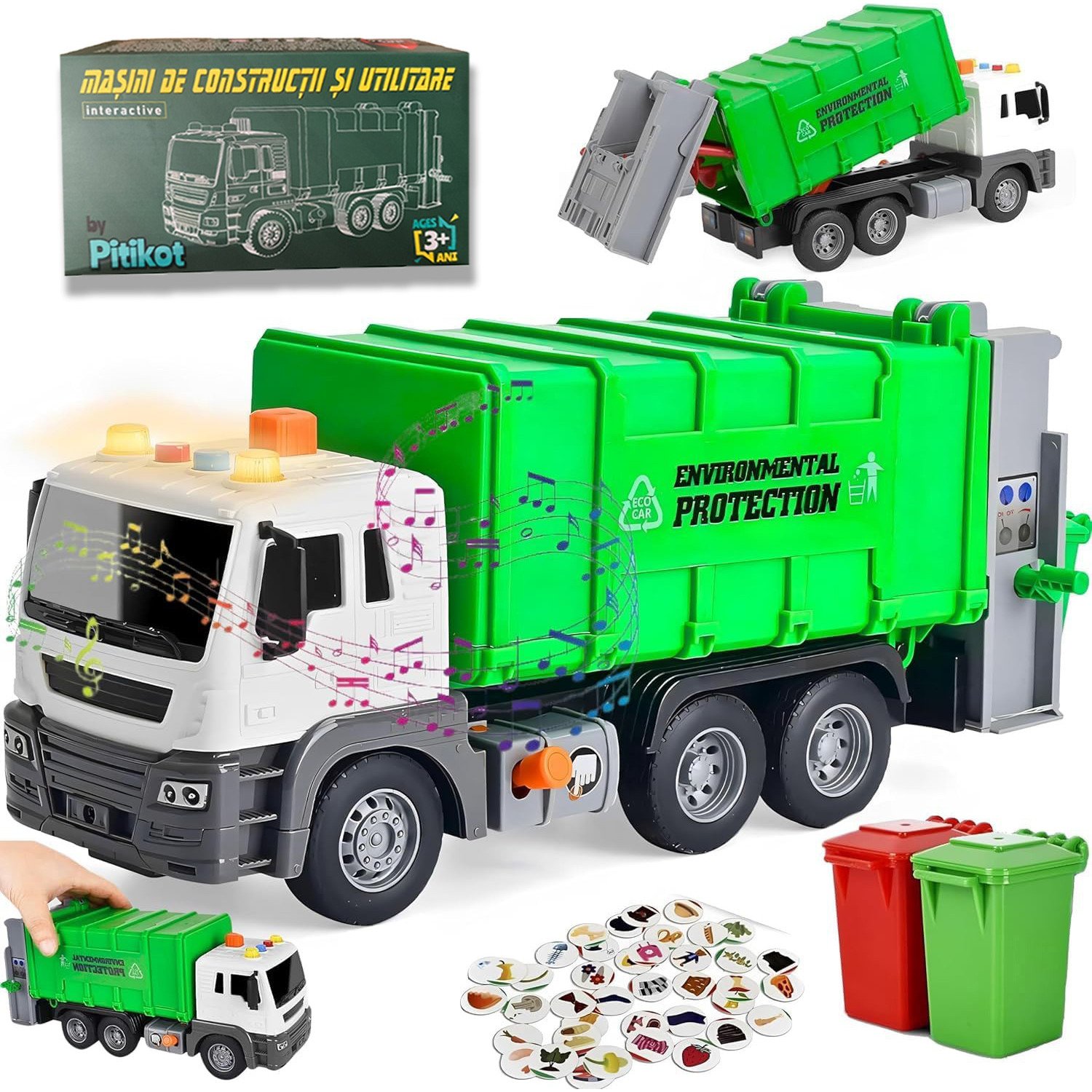 Masina de Gunoi Interactiva Pitikot®, verde, cu buton pentru container, frictiune, LED, sunete realiste, 2 tomberoane colorate, 40 carduri reciclare, jucarie educativa.