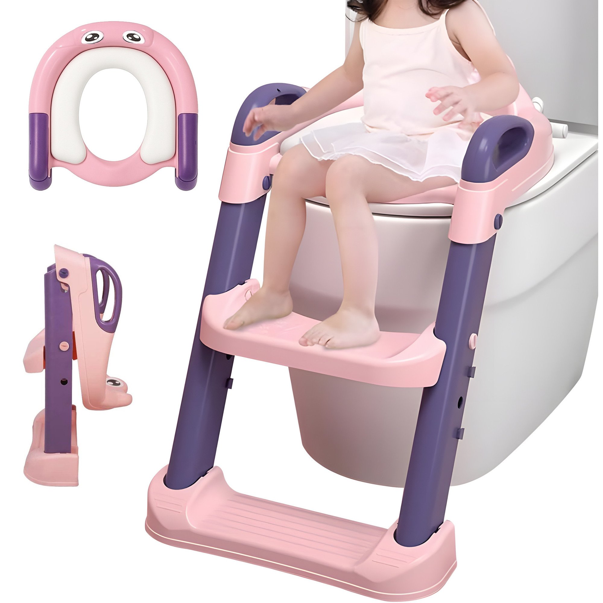 Reductor WC copii Pitikot® cu scara si inaltator, Reglabil pe Inaltime, Pliabil si Portabil, Moale, Sigur si Confortabil, Prietenos cu Pielea, Manere de Sustinere, 2 Trepte, Design Universal si Ergonomic, Manere de Sustinere, Antiderapant, Roz/Mov