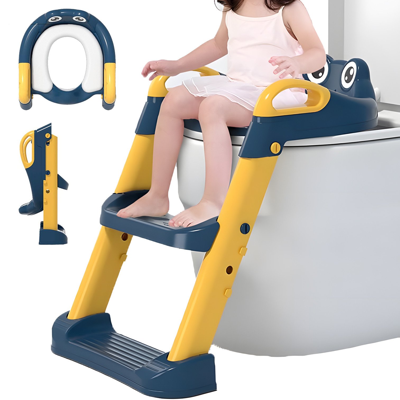 Reductor WC copii Pitikot® cu scara si inaltator, Reglabil pe Inaltime, Pliabil si Portabil, Moale, Sigur si Confortabil, Prietenos cu Pielea, Manere de Sustinere, 2 Trepte, Design Universal si Ergonomic, Manere de Sustinere, Antiderapant, Albastru/Galbe