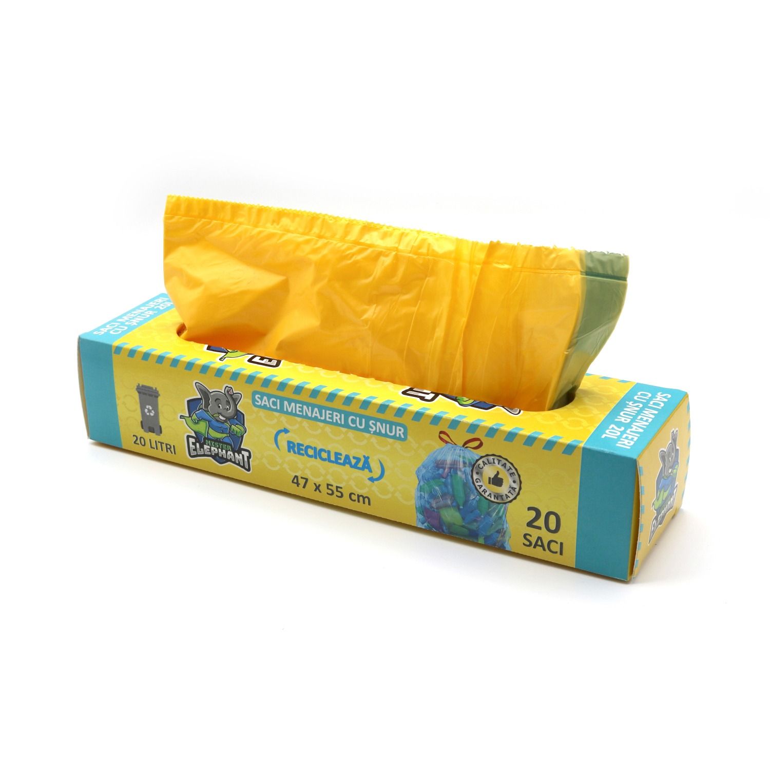 Saci menajeri Engros cu șnur Mr. Elephant 20L, galben – 20 saci/rolă