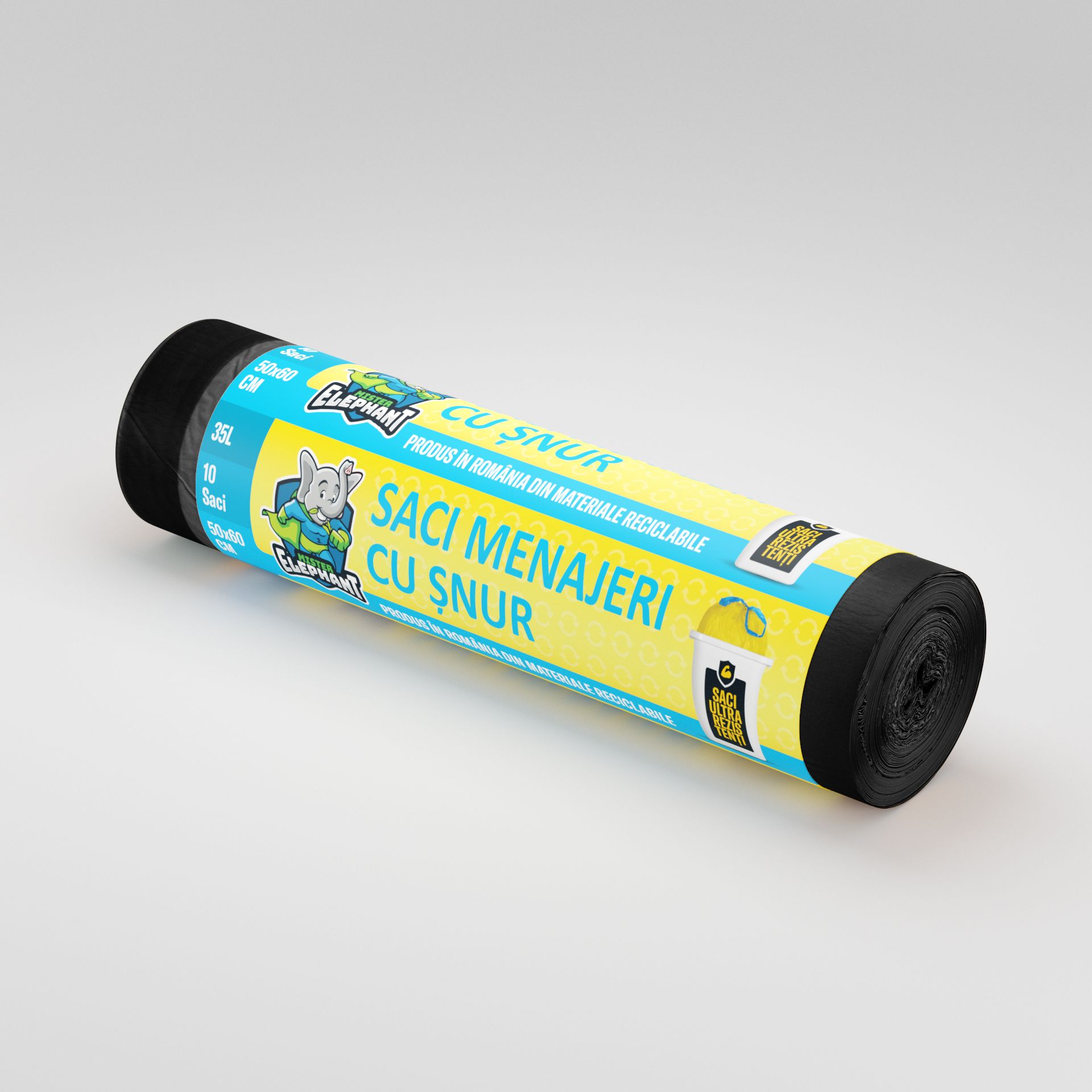 Saci menajeri Engros cu șnur Mr. Elephant 35L –Negri-10 saci/rola