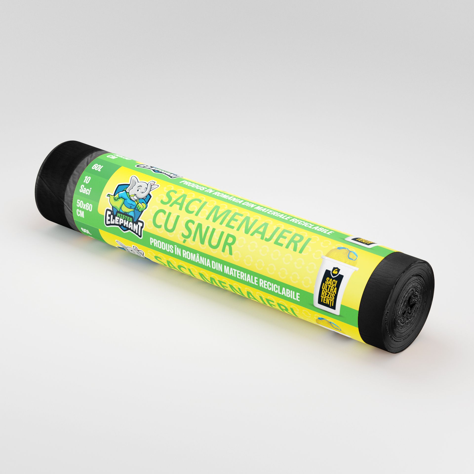 Saci menajeri Engros cu șnur Mr. Elephant 60L – Negri-10 saci/rola