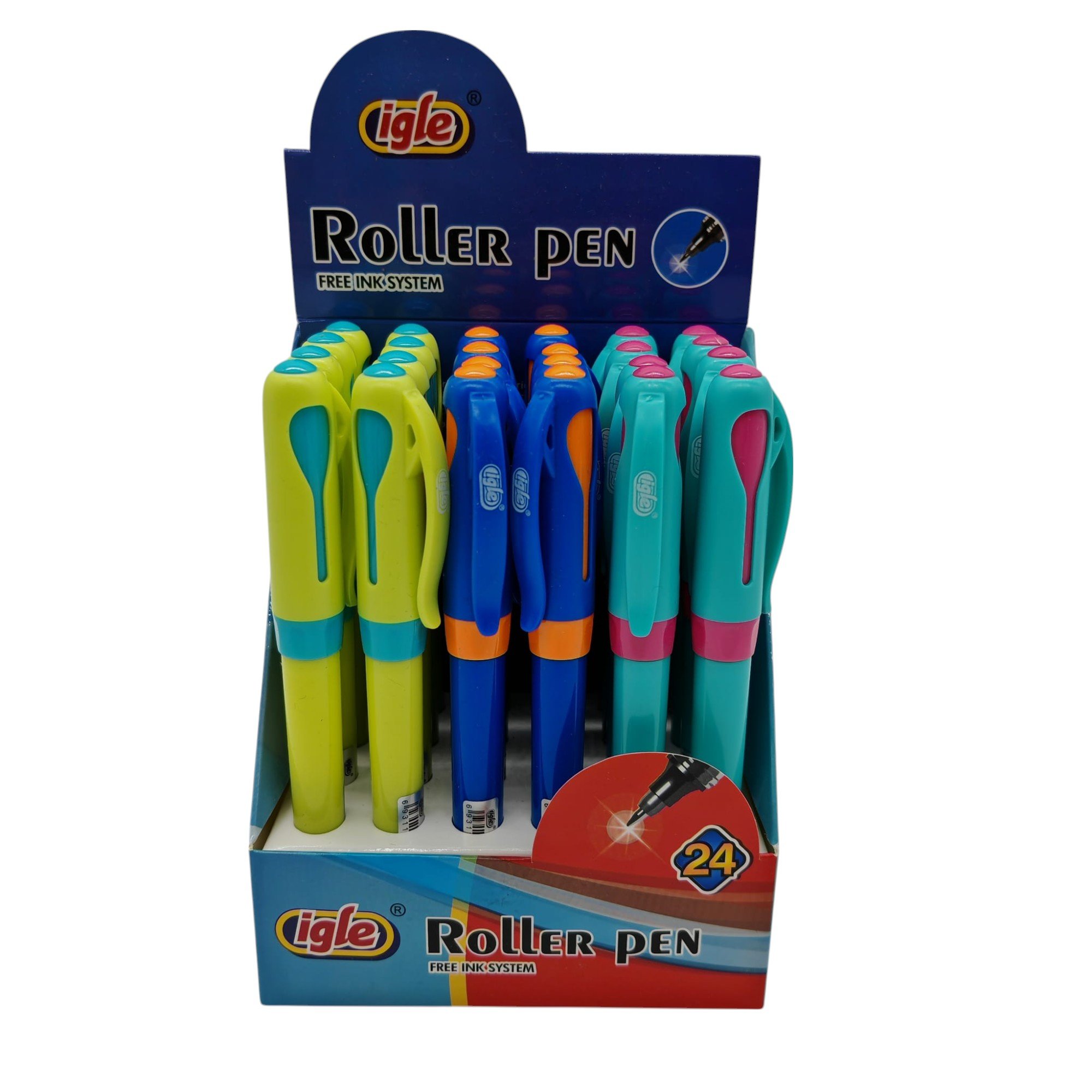 Set 24 Stilouri Roller Igle cu Rezervă – Vârf Subțire – 3 Culori Corp – Vânzare Engros