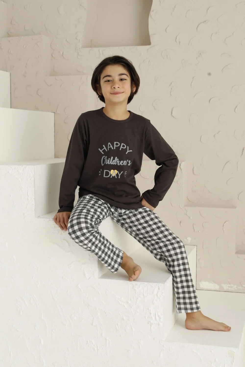 Pijama Băieți Mânecă Lungă, Pantaloni Lungi – Happy Day, Maro