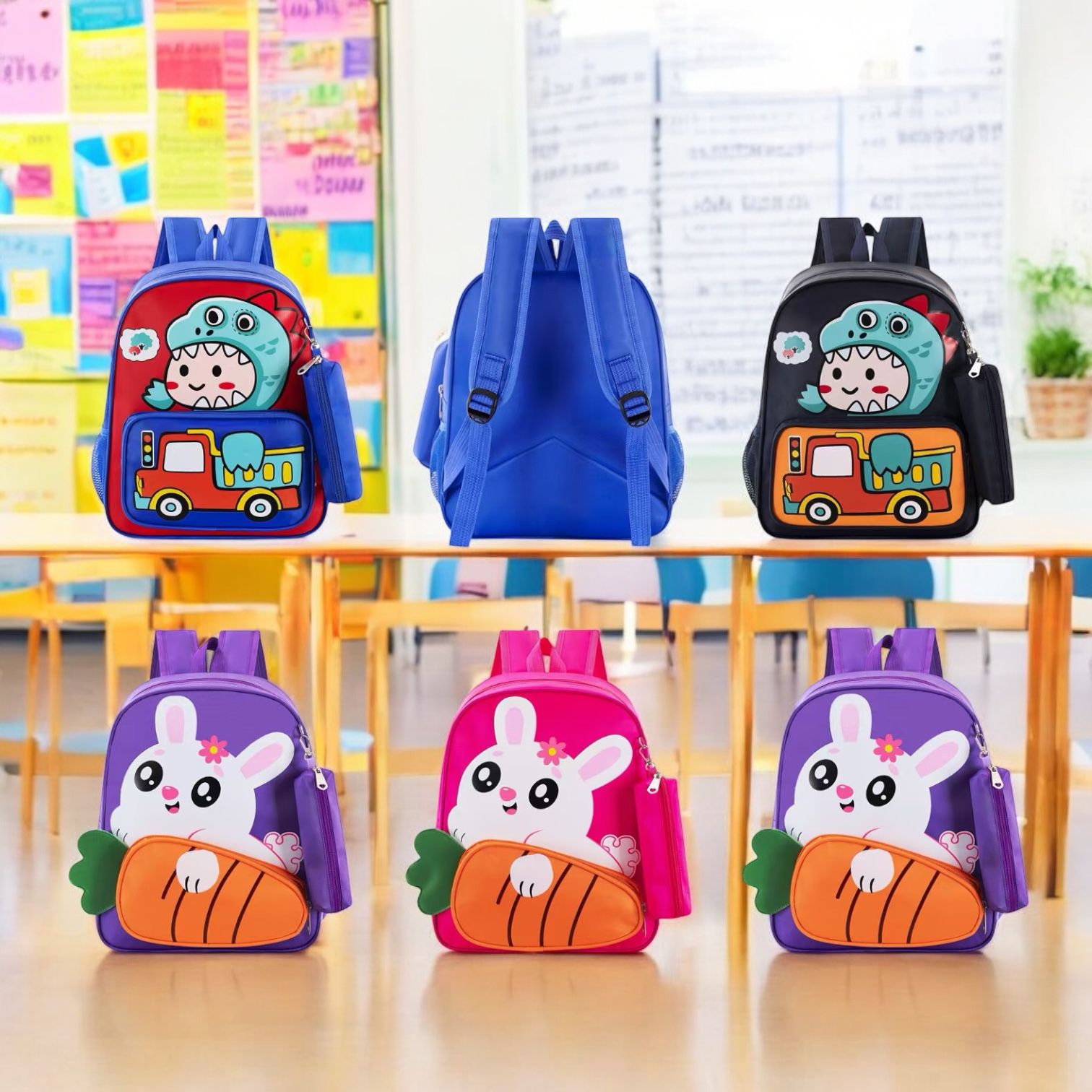 Ghiozdan copii H657 – model cu animal 3D si penar, 36x30x13 cm, material poliester, designuri vesele Engros