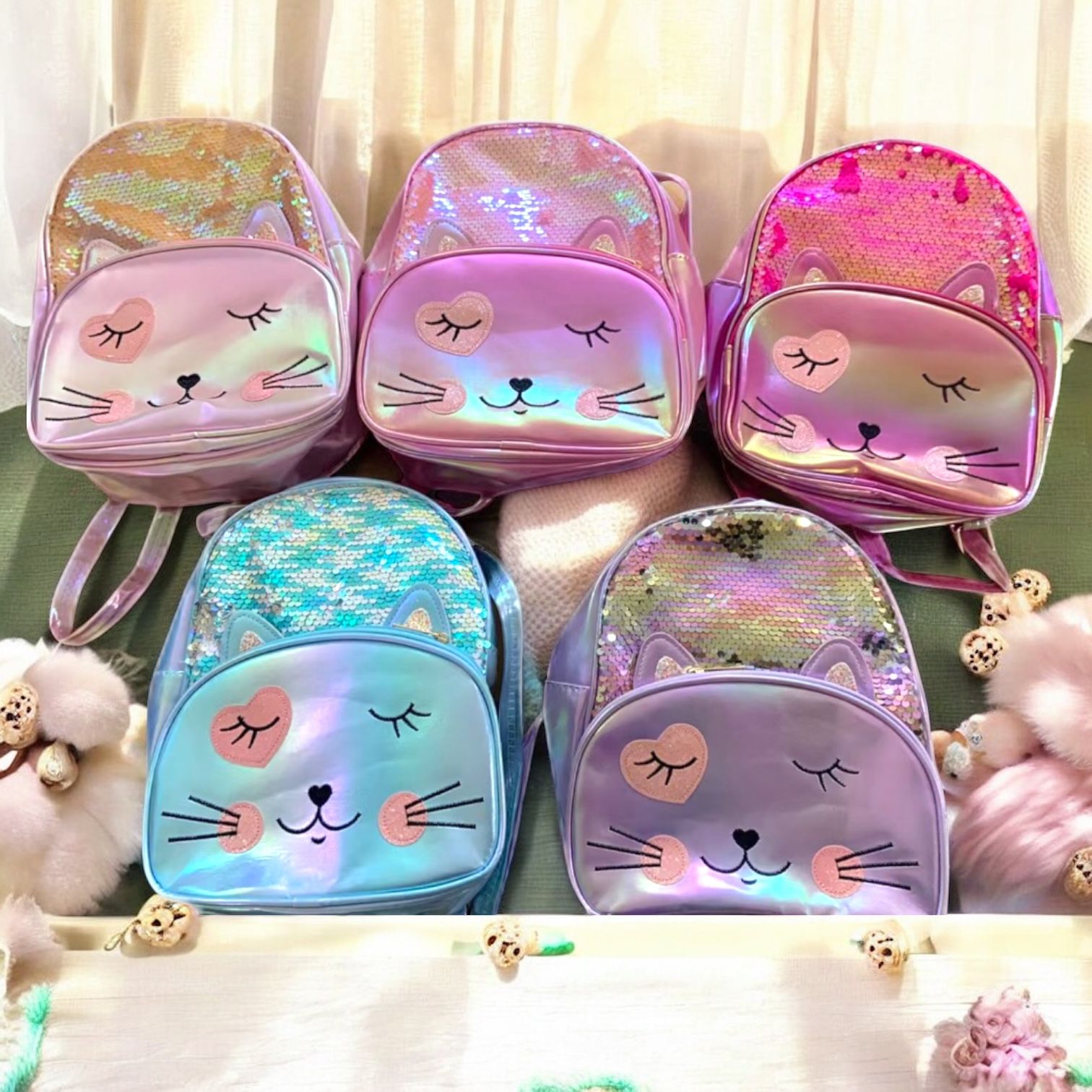 Ghiozdan fetițe cu paiete reversibile și față pisicuță 3D – 27x23x9 cm – H685 Engros
