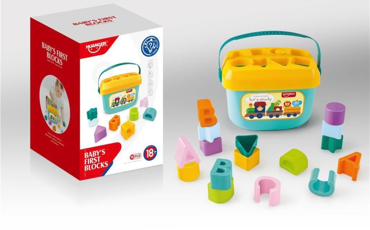Set Cuburi Educative Sortator de Forme si Litere Engross – Baby’s First Blocks HUANGER, 16 Piese, 18+ Luni