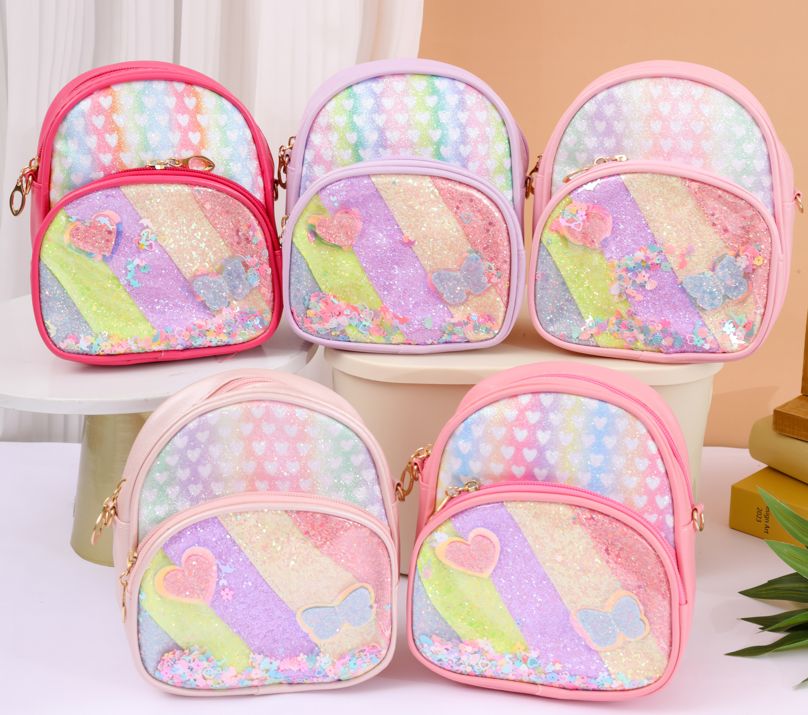 Mini-ghiozdan fetițe cu paiete curcubeu și inimioare – 18x15x7 cm – H684 Engros
