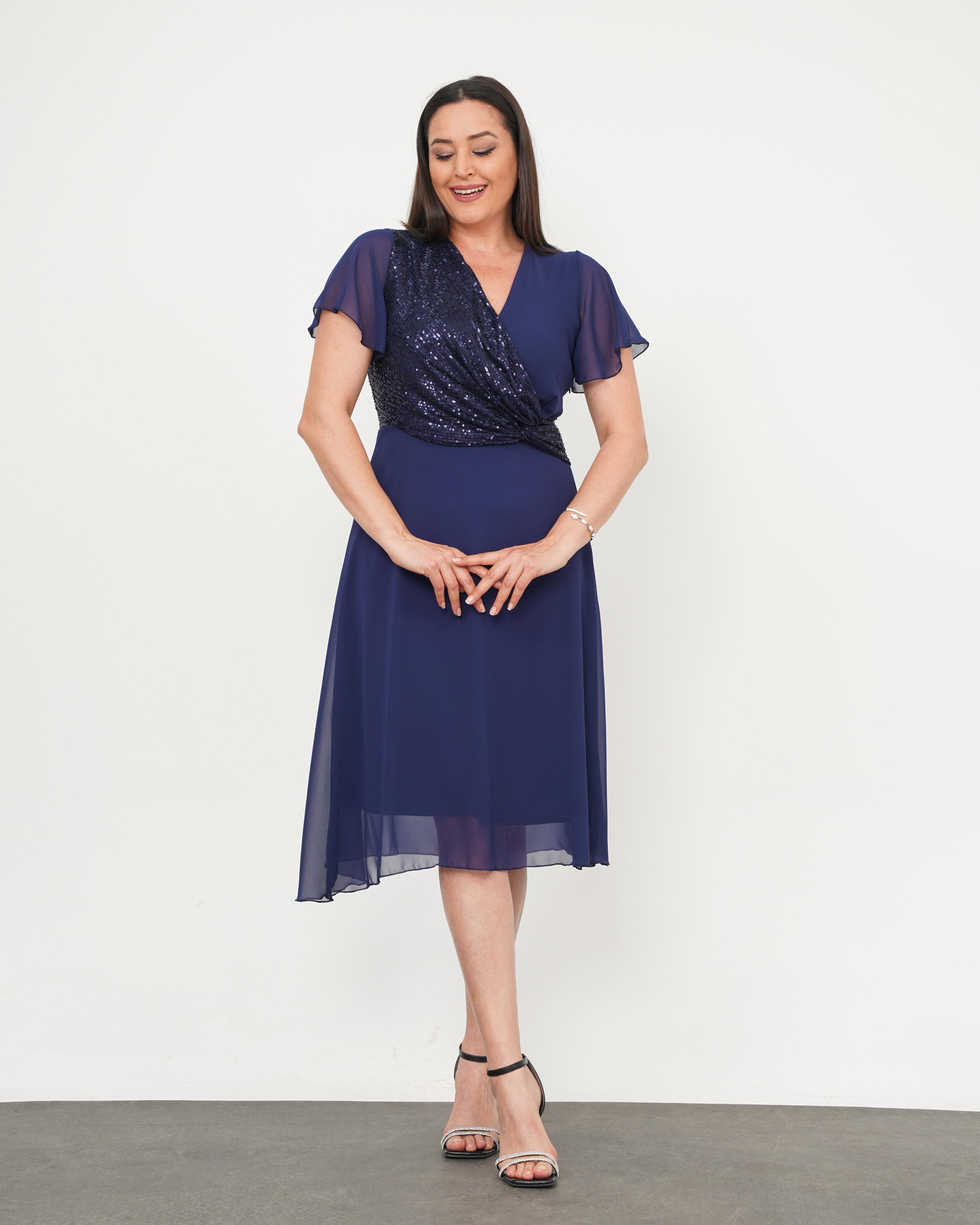 Rochie Engros elegantă, negru, cu paiete și mâneci din voal – midi, pentru ocazii speciale