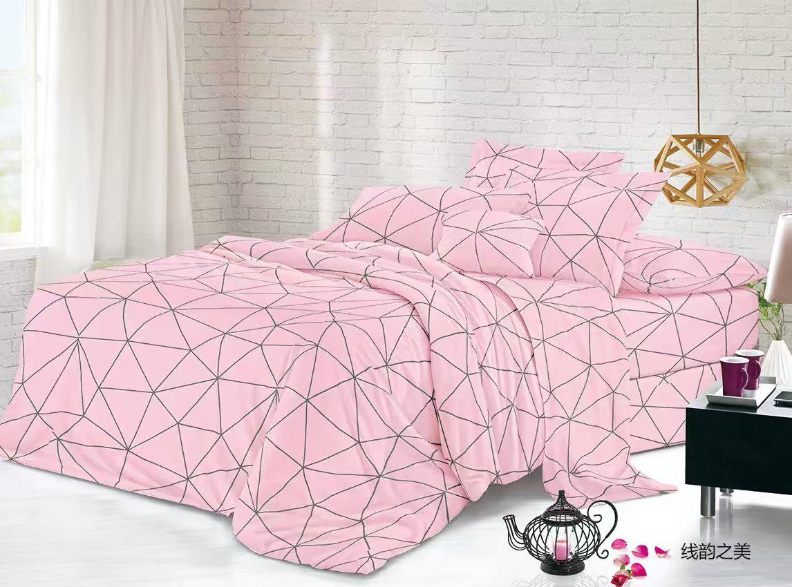 Lenjerie de pat 4 piese din finet – roz pudrat cu imprimeu geometric minimalist – H796 Engros