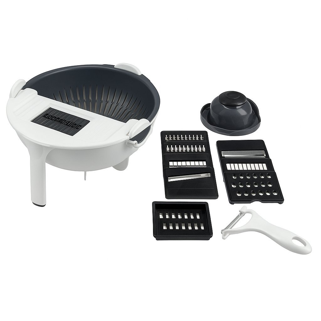 Set Multifunctional 11-in-1 Tocator Legume si Fructe – Bol cu Strecuratoare, Accesorii Detasabile, Lama Julienne, Razatoare, Feliator – Engros