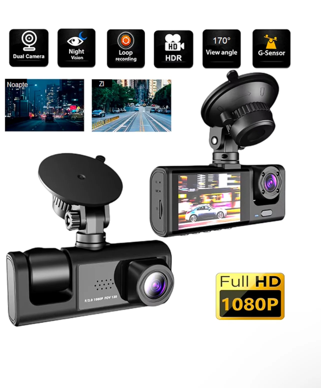 Camera auto tripla FullHD, 3 camere-fata/spate/interior, ecran 2\'\', G Senzor,