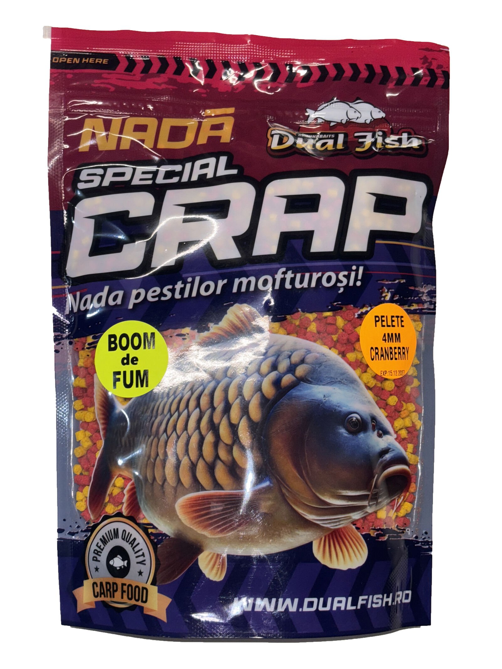 PELETE 4MM, BOOM DE FUM SPECIAL CRAP, AROMA DE CRANBERRY, 750GR, DUAL FISH