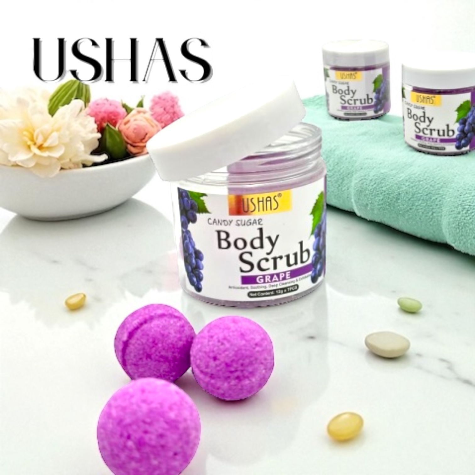 Ushas Body Scrub Candy Sugar cu Piersică – Exfoliere Delicată și Hidratare Intensă, 12g x 7 bucăți (HA310) Engros